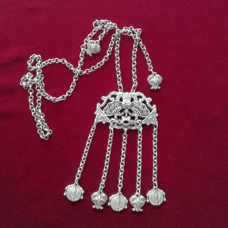 

Chinese Clothing Cheongsam Accessories Vintage Imitation Old Silver Thick Double-Sided Lock Sweater Chain Antique Style Ancient