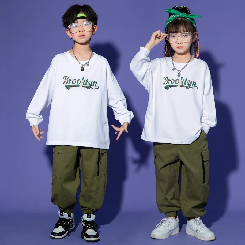 

Girls Hip Hop White Sweatshirt Street Dance Joggers Pants Outfits Boys Streetwear Children Cargo Pants Kids Jazz Kpop Costumes