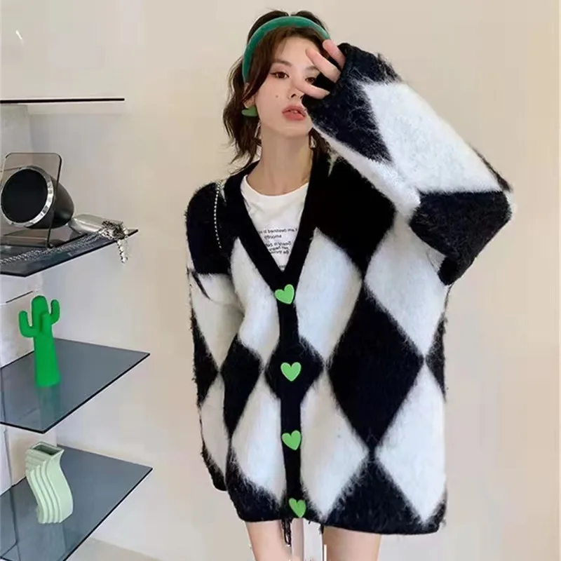 

Hikigawa Chic Fashion Women Korean Preppy Style Sweater Autumn Casual V Neck Single Breasted Plaid Knit Cargidan Coat Top Mujer