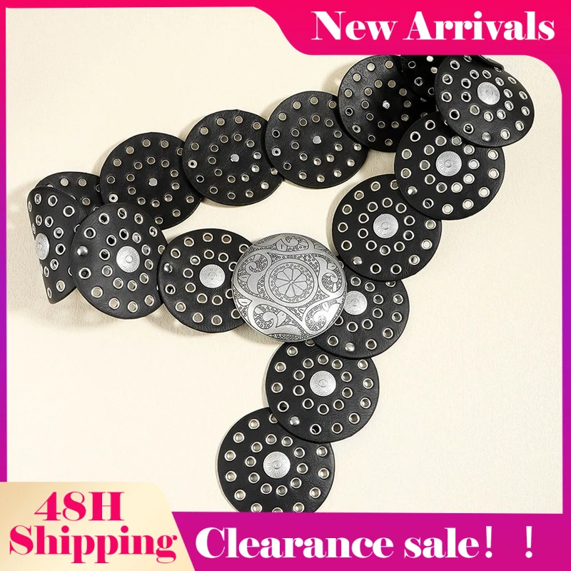 

Round Hollow Belt Vintage Disc Wide Belts Metal Buckle Belt Cowboy Western Style Exaggerated Clothing Accessories For Women