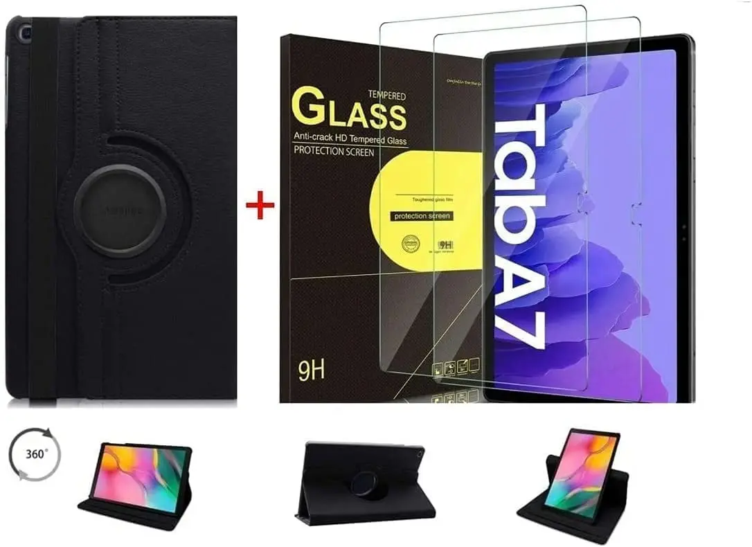 

For Premium Black rotation Capa Case for Galaxy Tab A7 10.4 T500 T505 + 9H Glass Film + Touch Stylus Pen