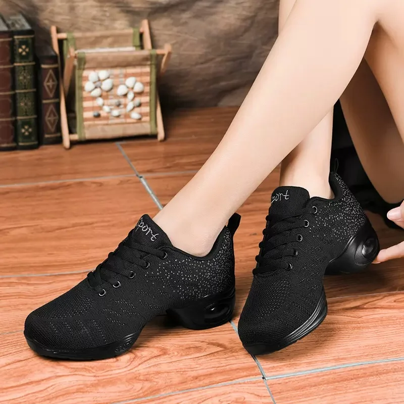 Jazz Dance Shoes Women Soft Soled Square Dance Shoes Breathable Flying Mesh Cloth Shoes Sailors Modern Sports Running Shoes