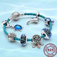 100 s925 sterling silver summer ocean series blue secret fish starfish turtle glass shell leather fashion pan bracelet female