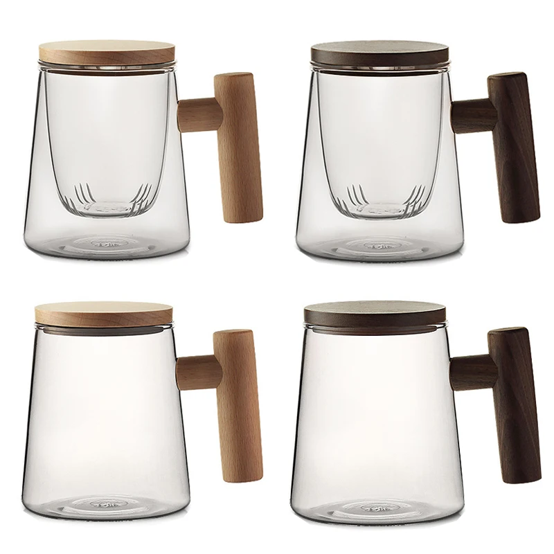 

300ml Heat-resistant High Borosilicate Glass Tea Cup Double-layer Glass Cup with Filter Lid Cover Beech Wooden Handle Drinkware