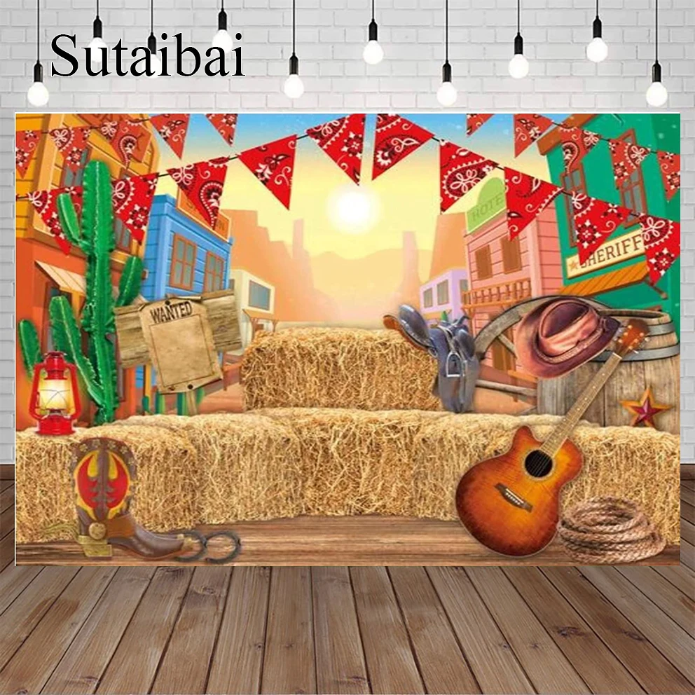 

Western Town Backdrop Wild West Cowboy Cowgirl Baby Shower Birthday Party Supplies Studio Countryside Wheel Barn Background