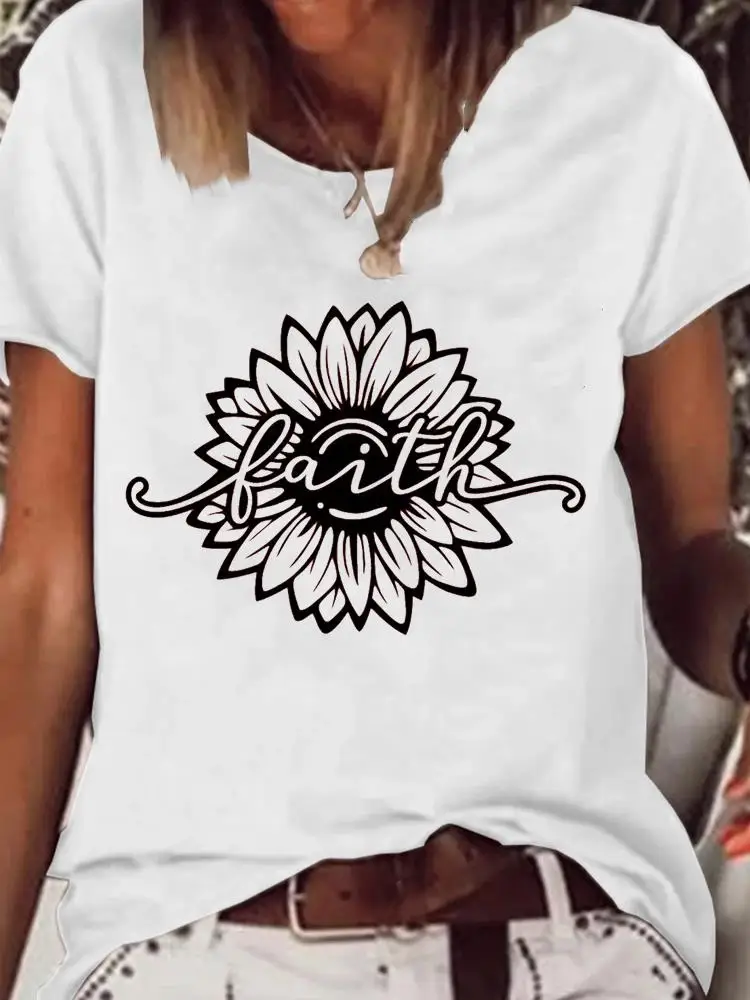 

Print T Shirt Short Sleeve Clothes Women Clothing Fashion Graphic T-shirt Faith Flower 90s Lovely Summer Kawaii Basic Tee Top