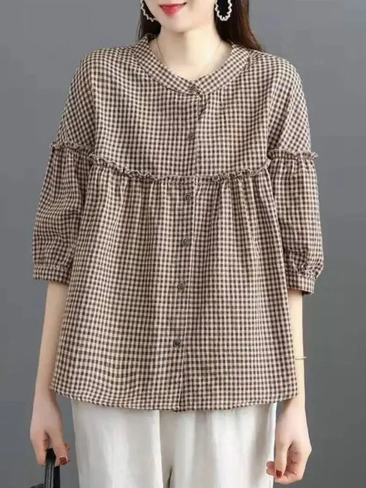 Kadın pamuk keten Casual gömlek yeni 2022 yaz Vintage stil ekose baskı gevşek rahat kadın yarım kollu gömlek Tops D227