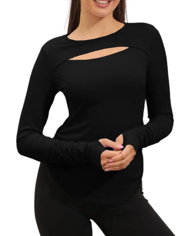 

Women's Casual Crewneck Workout Shirts Long Sleeve Cutout Solid Athletic Running Yoga Tops with Thumb Holes
