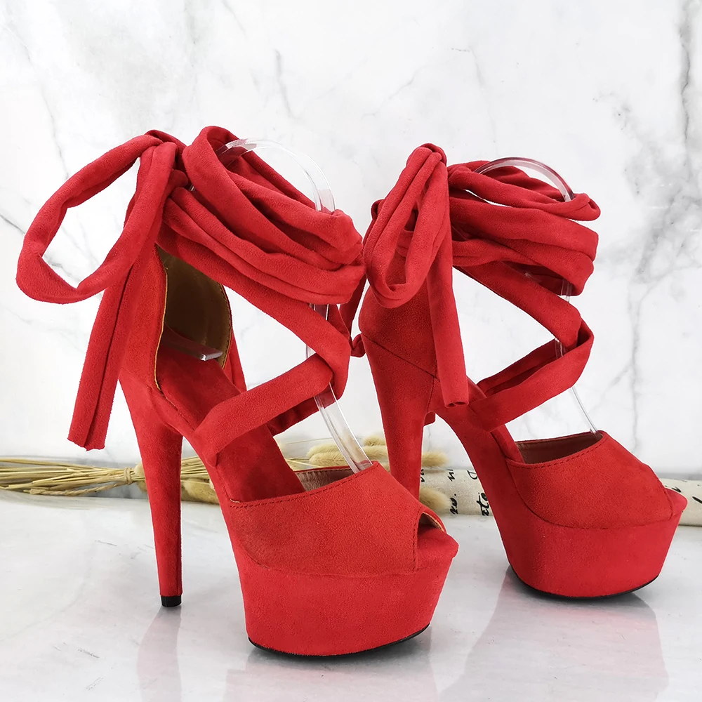 Leecabe 15CM/6Inch RED Suede  lady Platform party High Heels Shoes Pole Dance Shoes