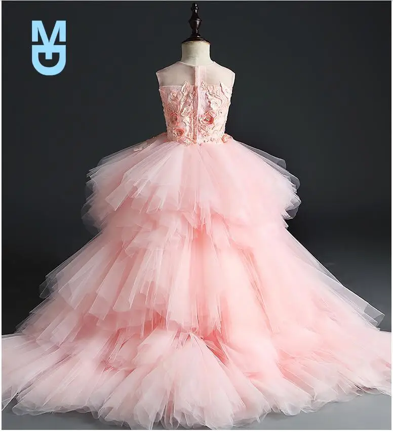 

New Glizt Girl Wedding Party Flower Girl Dresses Pink Tulle Trailing Princess Gown Beaded Floral Girl Pageant First Communion