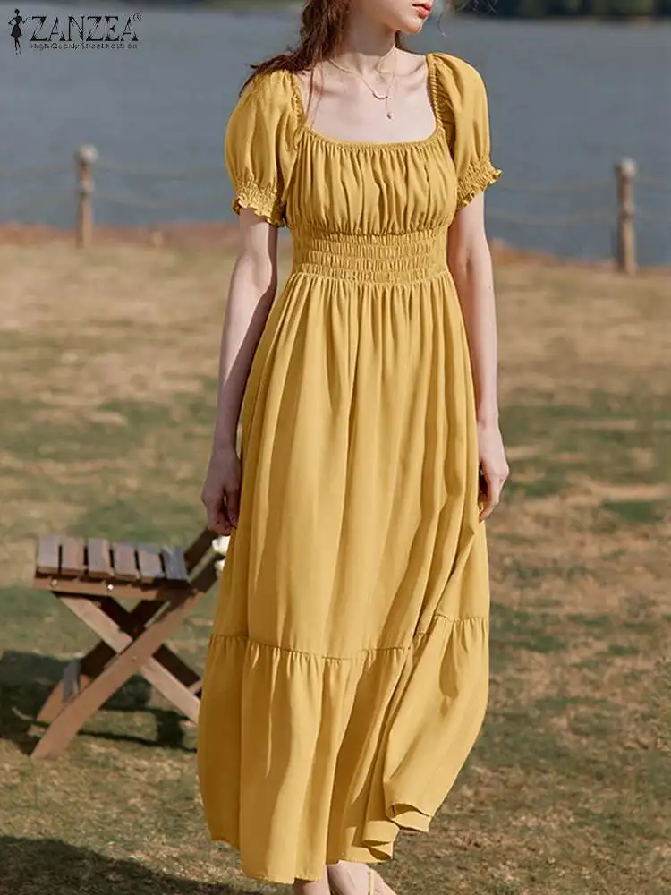 

Платье ZANZEA женское однотонное с коротким рукавом, Элегантный Повседневный Сарафан до щиколотки, с квадратным вырезом, для праздника, клуба, ...