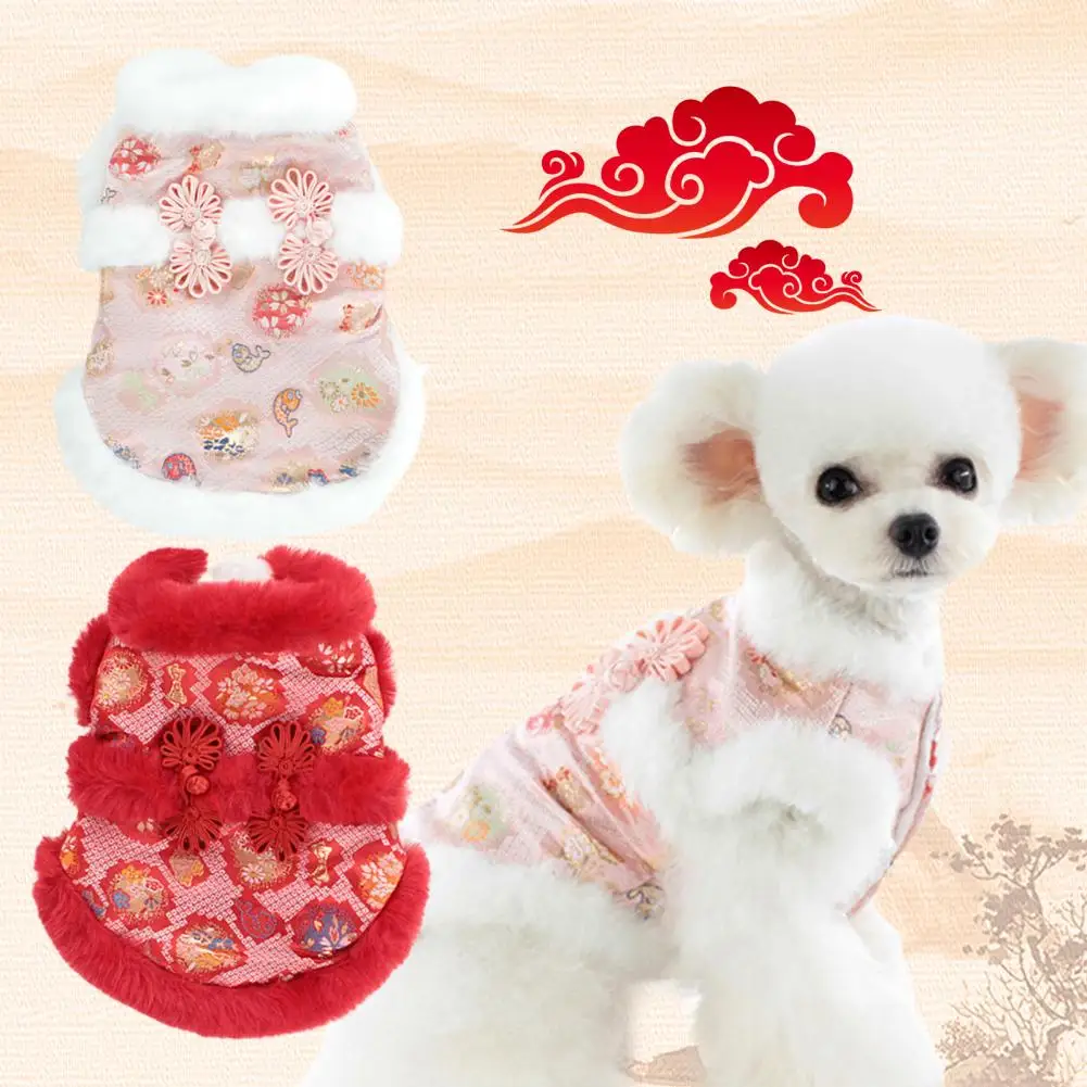 

Pet Coat Festive Print Fur Collar Embroidery Chinese Style Pet Tang Clothes Dog Puppy New Year Costume Coat for Daily Wear