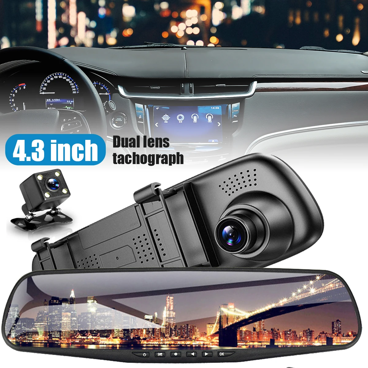 

New 4.3 Inch LCD DVR Car Driving Recorder 170° Wide Angle Dual Lens Driving Recorder Front and Rear Dashboard Camera Video Full