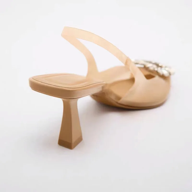 TRAF Women Rhinestone Heeled Heels 2022 Summer Beige Purple Pointed Toe Shoes Wedding Bride Glitter Stiletto High Heels Female