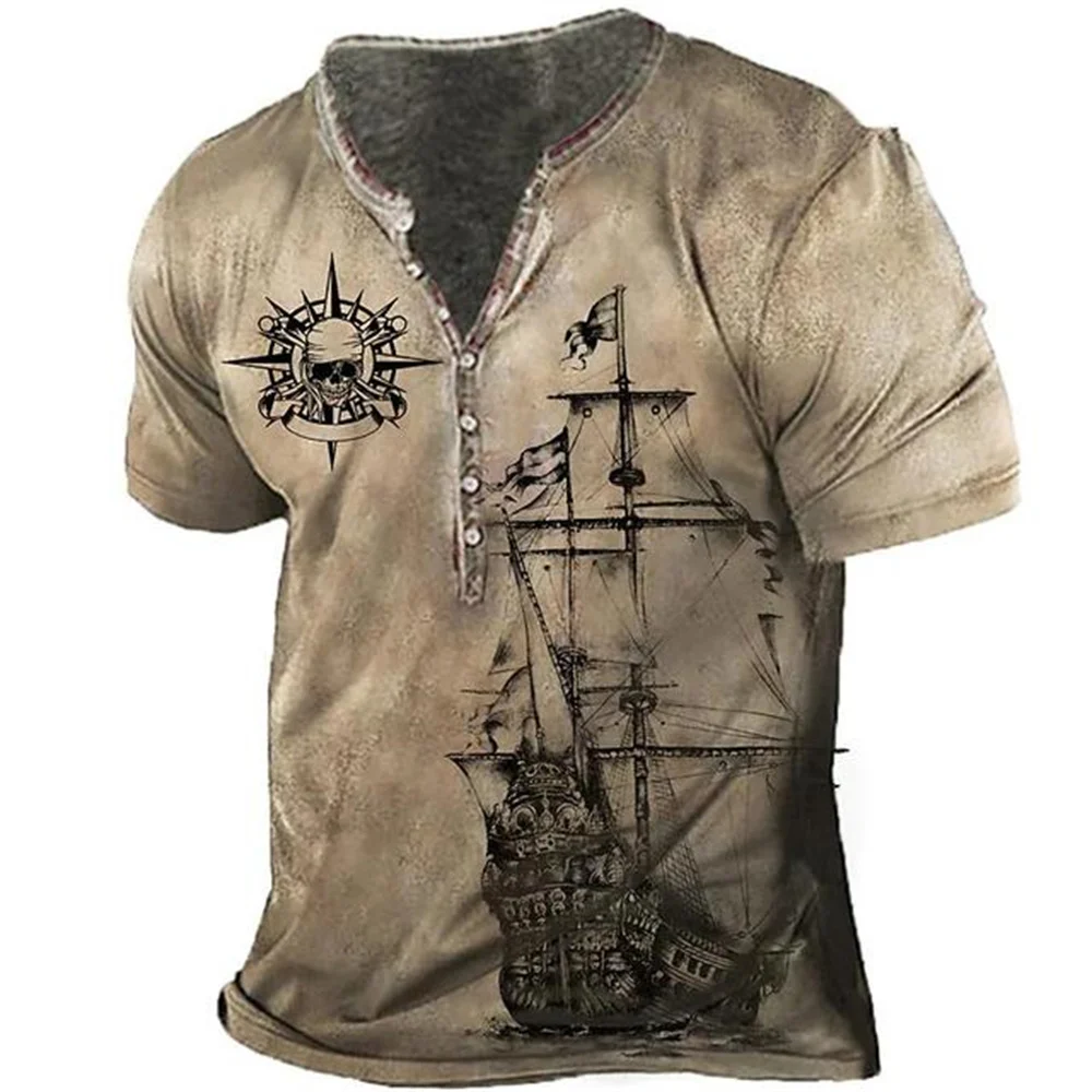 

New Men's Boat T-shirt 3D Printed Sailing Pattern Plus Size Standing Collar Men's Leisure Camping Sports T-shirt