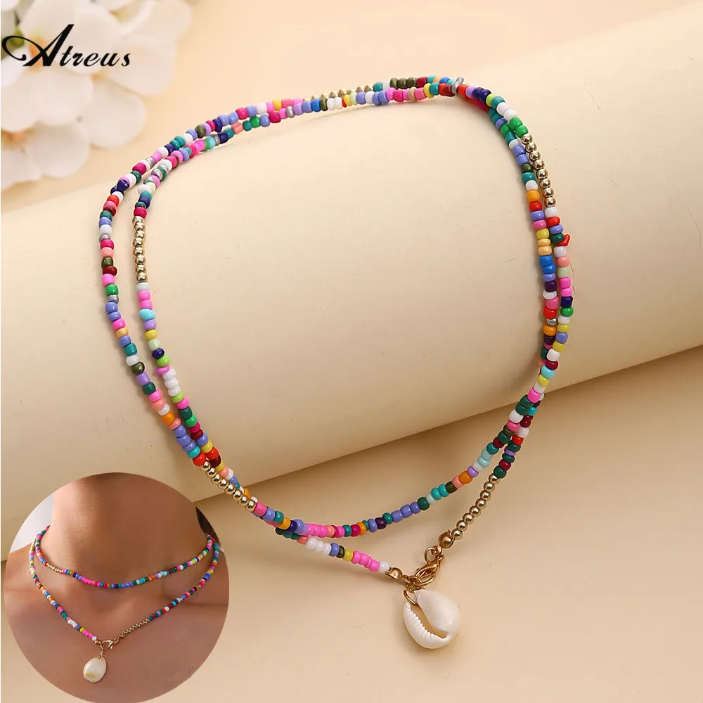 

Bohemian Colorful Seed Bead Shell Choker Necklace Statement Short Collar Clavicle Chain Necklace for Women Female Boho Jewelry