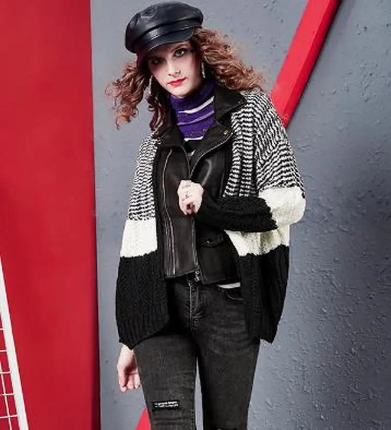 

Women Aviator Lapel Jacket 2023 Knitted Stitching Large Size Leather Jacket Autumn and Winter Fashion Long Sleeve Zipper Coat