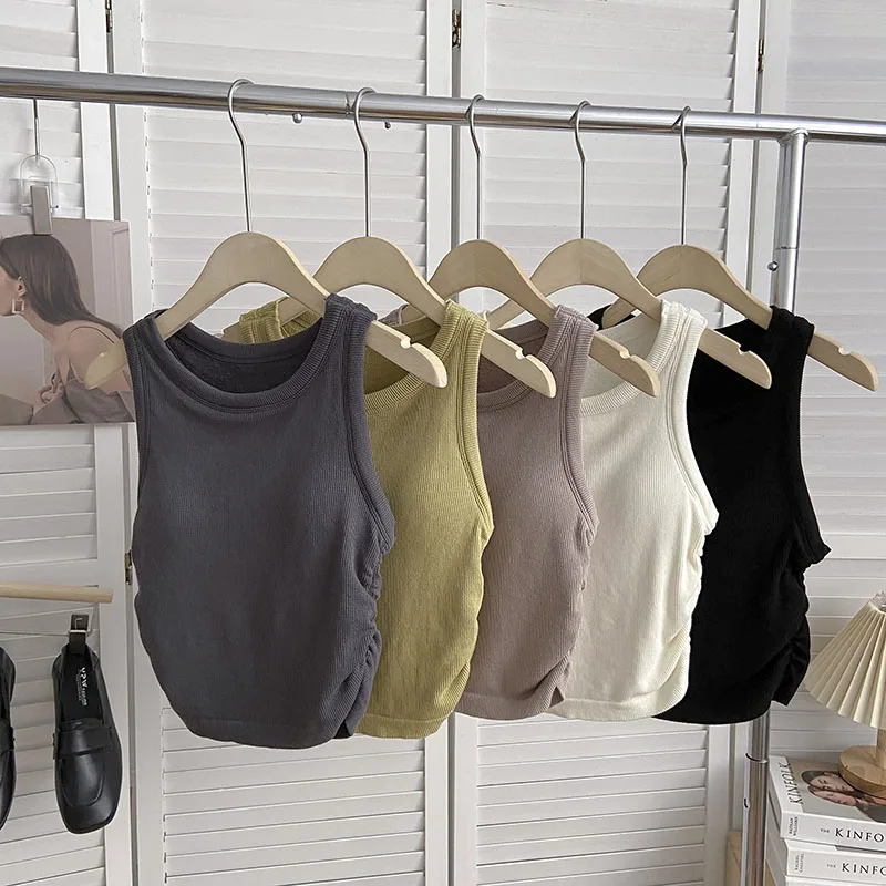 

Plain Bra Crop Top Women Camis Basic Vest Seamless Streetwear Shirring Sleeveless Casual Tank Tops Female Clothes Dropshipping