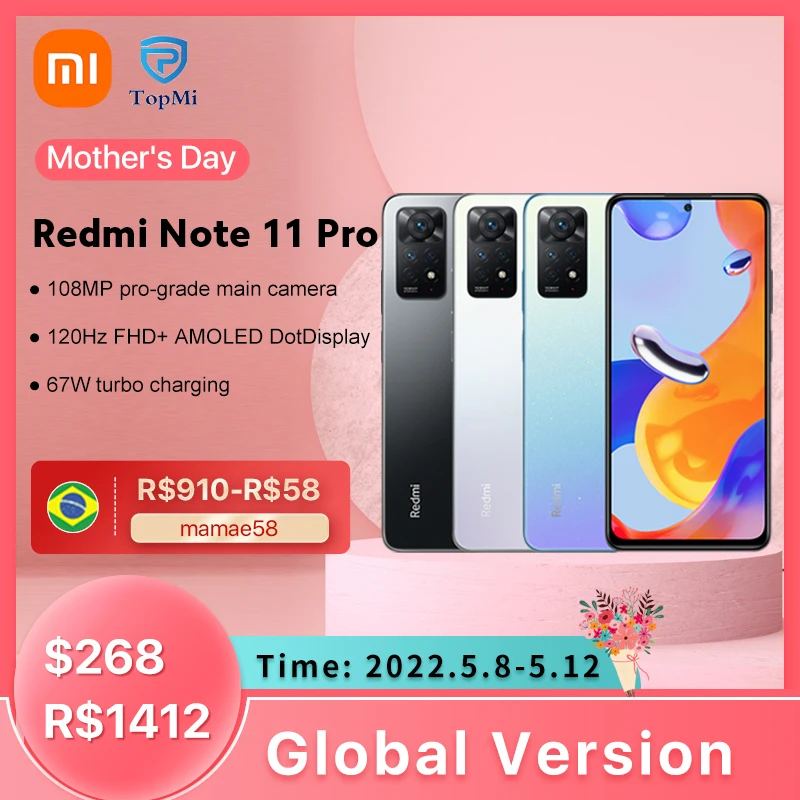 

Xiaomi Redmi Note 11 Pro Smartphone NFC 108MP Camera MTK Helio G96 120Hz AMOLED 67W Fast Charge 6.67" Global Version Note 11Pro