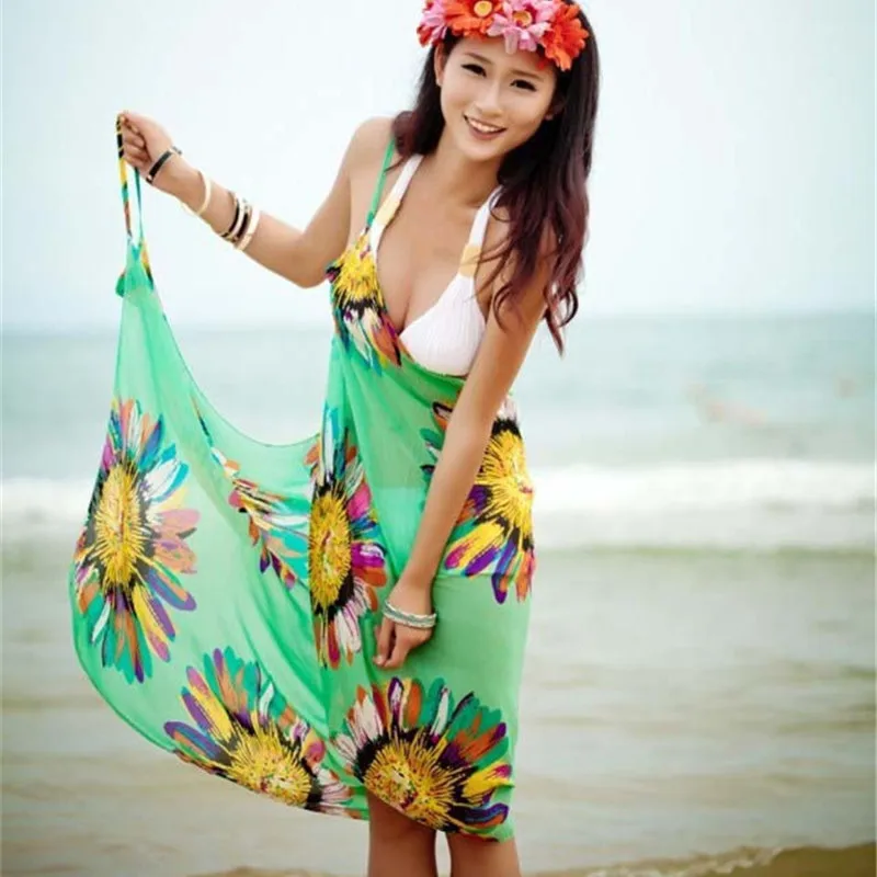 

Printed Women Chiffon Sheer Bikini Cover-ups Sexy See-through Spaghetti Straps Backless Cover Ups Dress Swimwear Beach Dresses