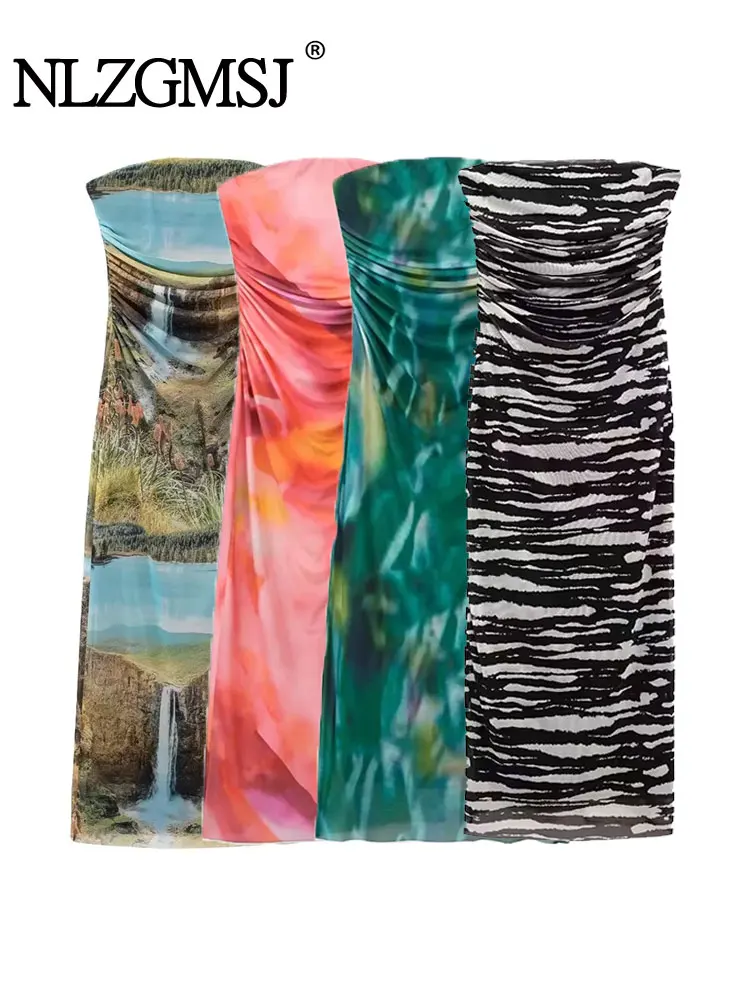 

Облегающее платье Nlzgmsj TRAF 2023, женское длинное платье из тюля с принтом, женское летнее платье с рюшами, женские платья без рукавов