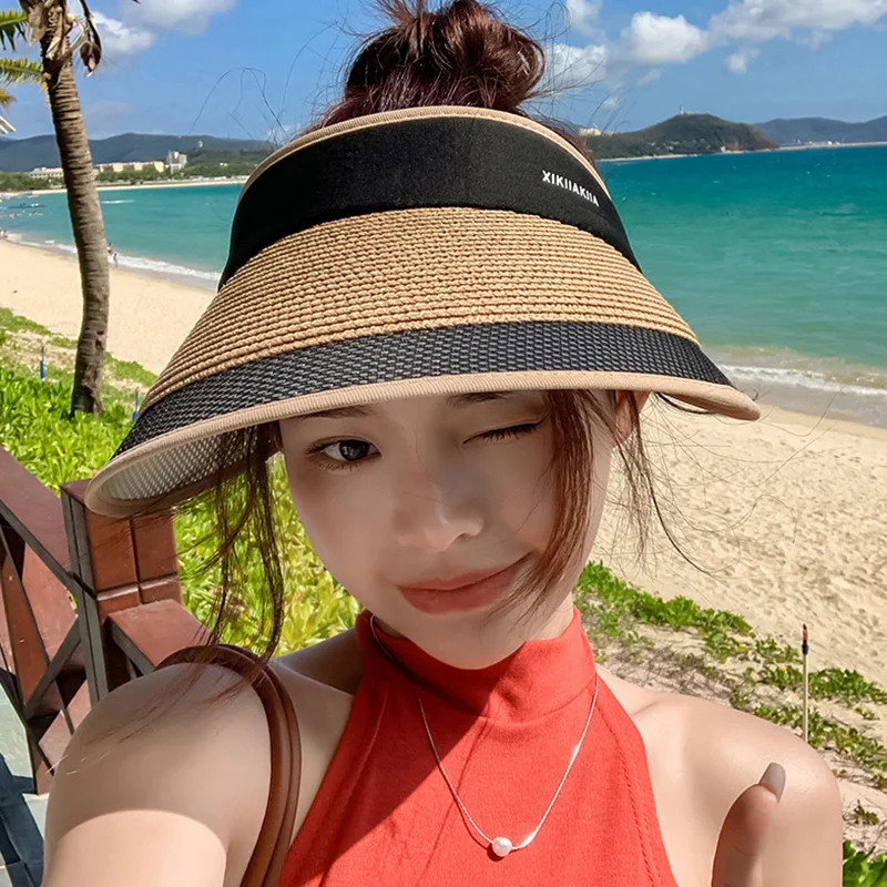 

New Sun Protection Empty Top Straw Hat Women Lady Fashion Travel Beach Wide Brim Cap Outdoor Golf Visor Casual Sunscreen Caps