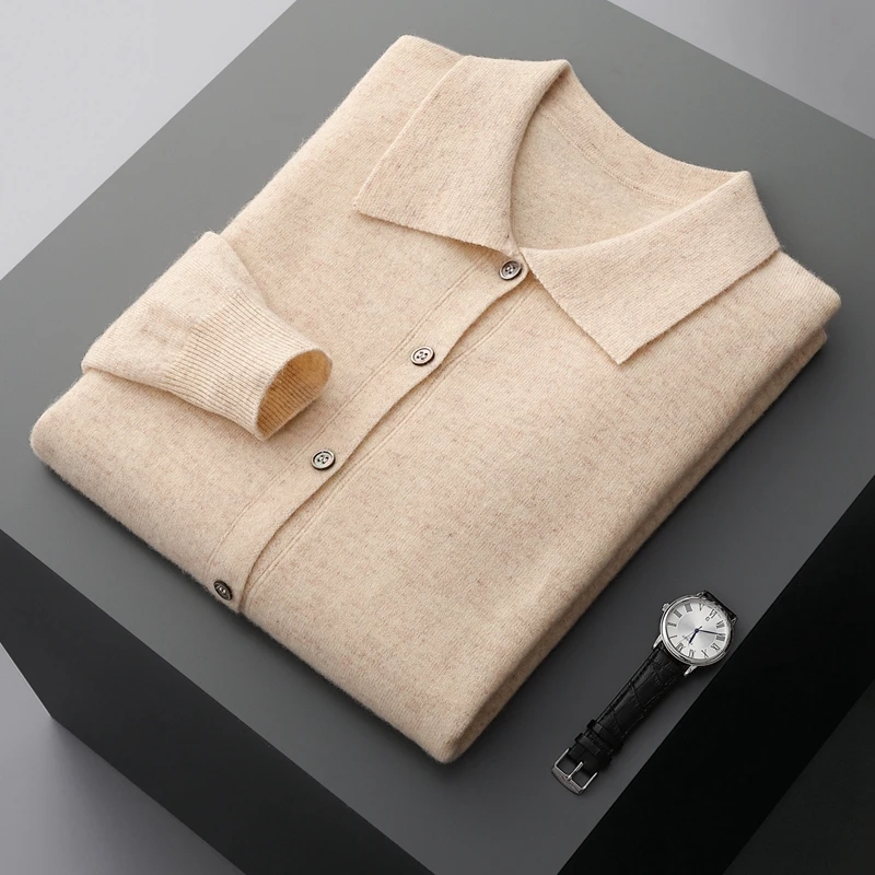 

100% Merino Wool Cashmere Sweater Men's POLO Collar Sweater Casual Knit Cardigan Fashion Warm Jake Autumn Winter