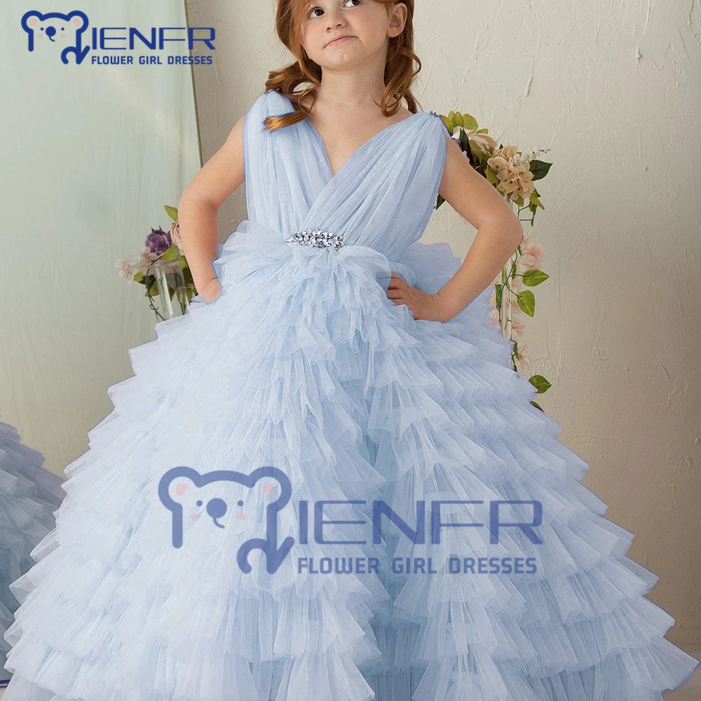 

2023 Тюлевое платье для девочки с цветочным принтом на заказ, свадебное Пышное Платье с V-образным вырезом, женское платье для первого причастия, платье для маленькой девочки на день рождения, женское платье