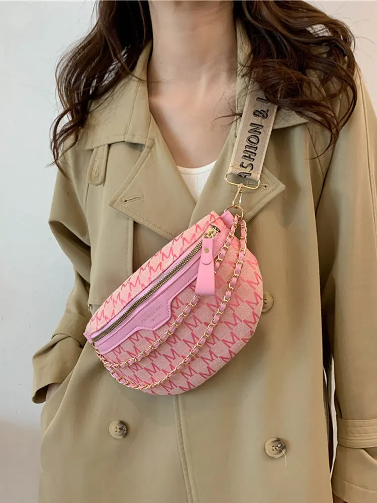 

Fashion Sweet Women's Double Chain Bags Casual Unisex Letter Print Pillow Shaped Waist Pack 2023 Trend Female High Street Bag