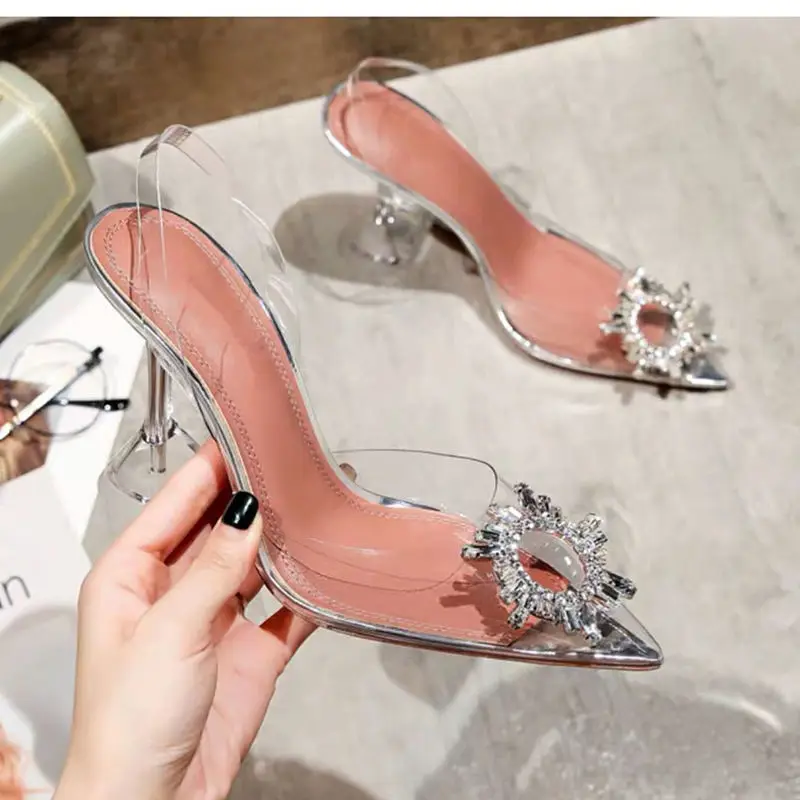 

Women's sandals New summer middle heel rhinestone transparent sandals Women's single