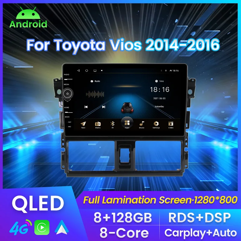 

Автомобильный стереоприемник на Android для Toyota Vios 2014-2016, автомобильный радиоприемник, мультимедийный плеер с QLED экраном 8 + 128G Carplay + Автомобиль...