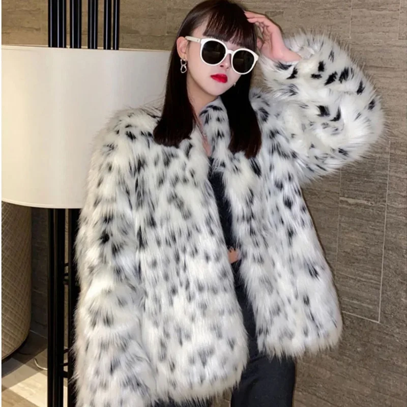 Fashion Faux Fox Fur Coat Women 2022 Winter Casual Spliced Leopard Print Fur Jacket Female Thick Warm Mid-long Plush Outerwear