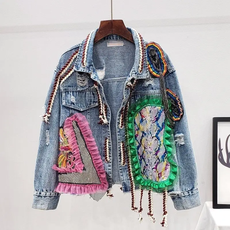 

Parker Spring Women Streetwear Patch Denim Bomber Jacket Female Personality Short Diamonds Jacket Tassel Jean Coat Female Basic