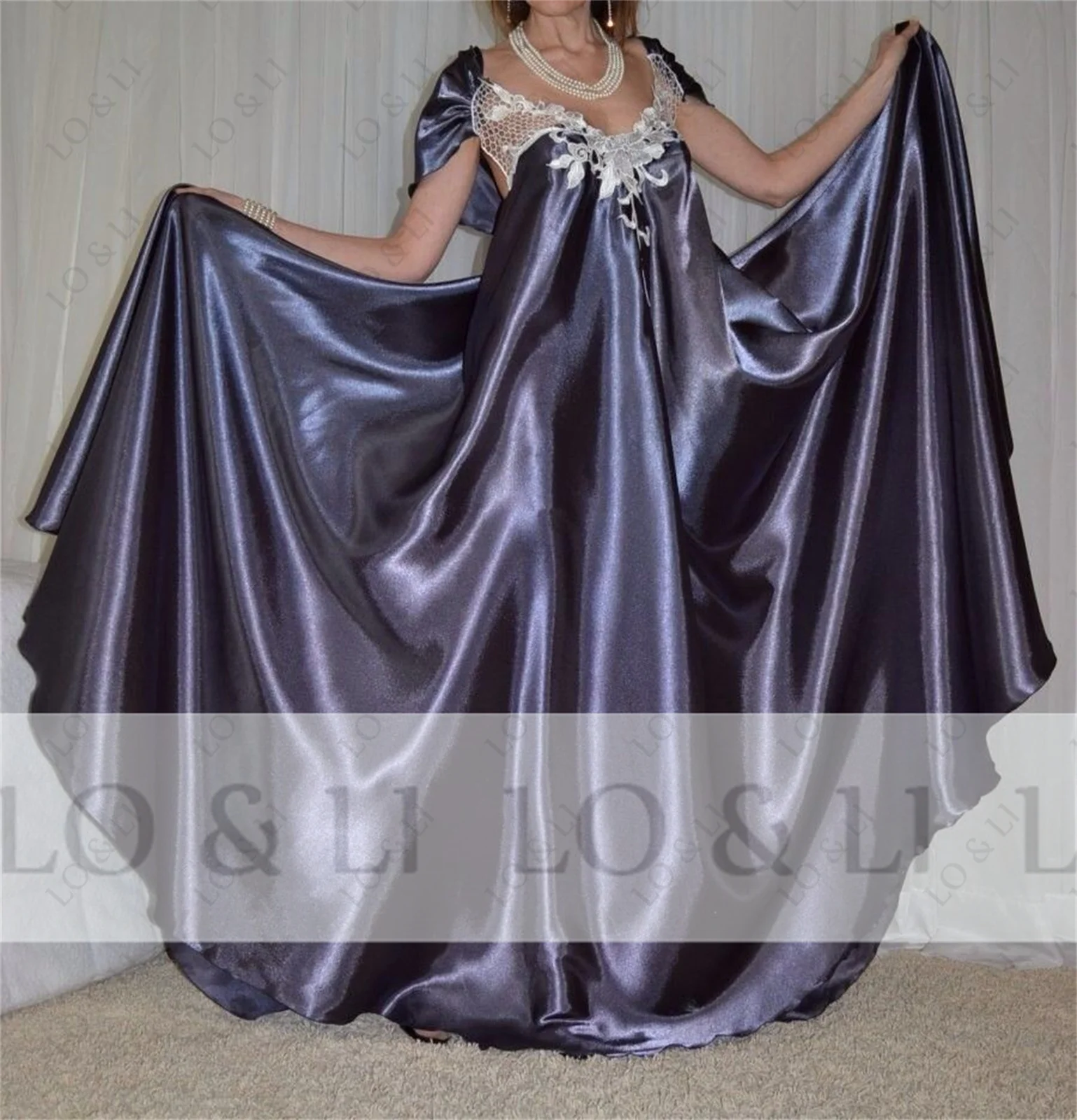 LO &amp LI винтажная пыльно-синяя атласная с аппликацией для церемоний женская