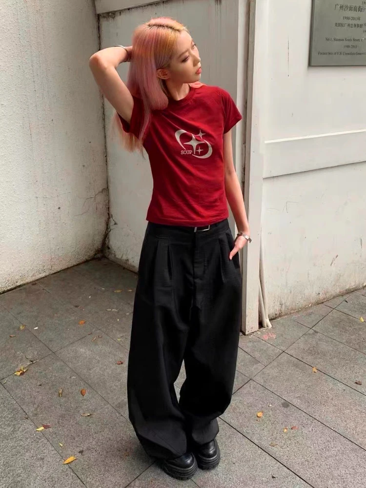 

American Style Vintage O Neck T-shirts Summer New Sexy Hot Slim Fit Print Short Sleeve Tshirt Korean Moda Simple Casual Tops