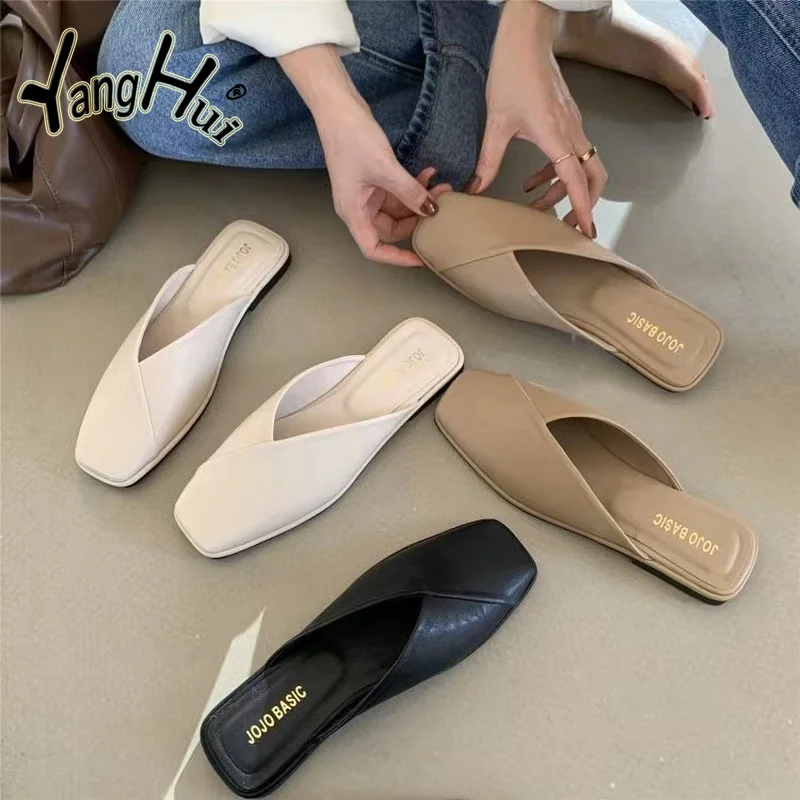 

Big Size Flat Slippers 2023 New Fashion Khaki Pu Leather Casual Outside Beach Summer Mules Shoes for Women Zapatos Mujer