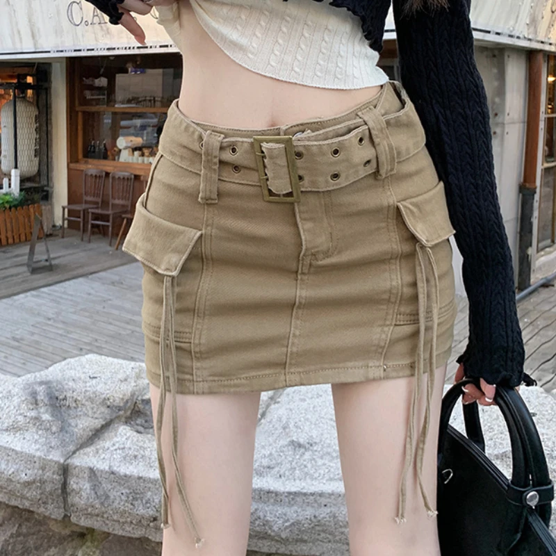 

HOUZHOU Mini Cargo Skirt Denim Women Y2k Vintage High Waist Belt Pocket Sexy Slim Pencil Skirt Korean Streetwear Summer Gyaru