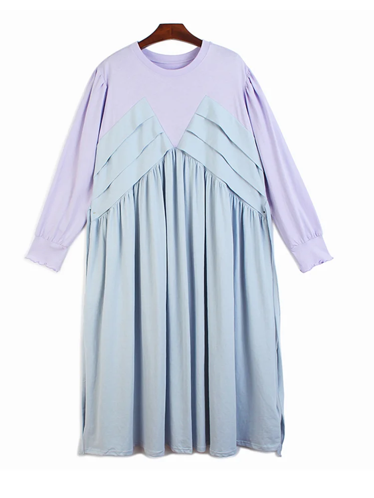 

Women Black Pleated Big Size Long Dress New Round Neck Long Sleeve Loose Fit Fashion Tide Spring Autumn 2022 C378