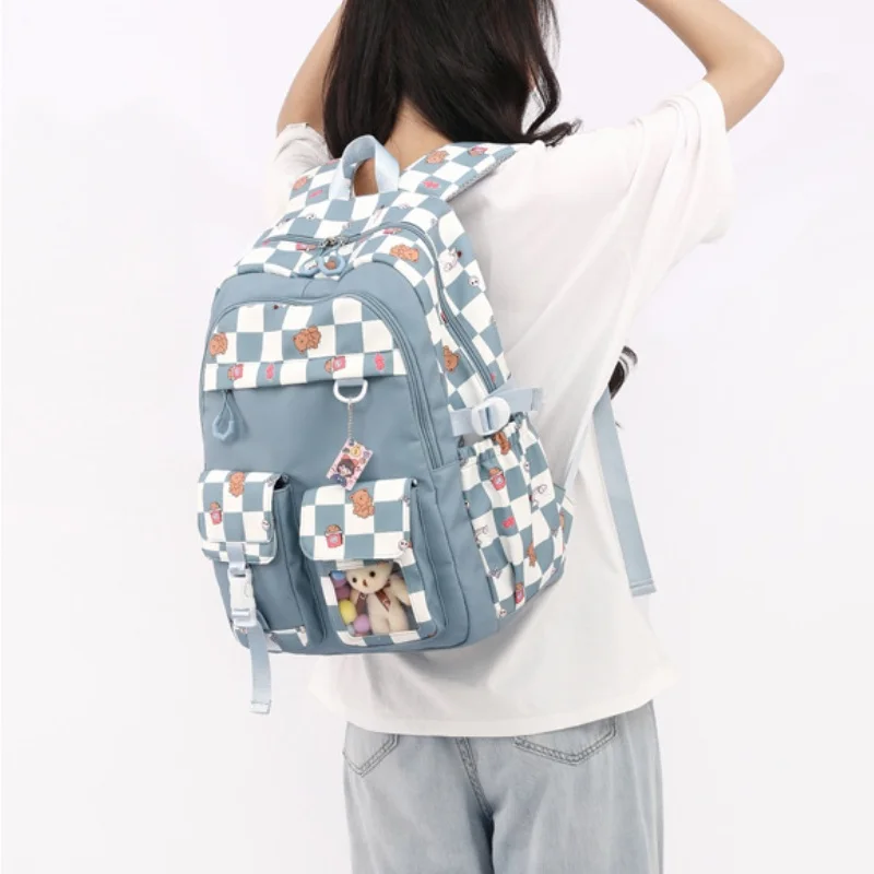 Grade 3-6 Children Cute Fashion Lattice Trolley Backpacks New Girls Sweet Light High-capacity Panelled School Bags Drop Shipping