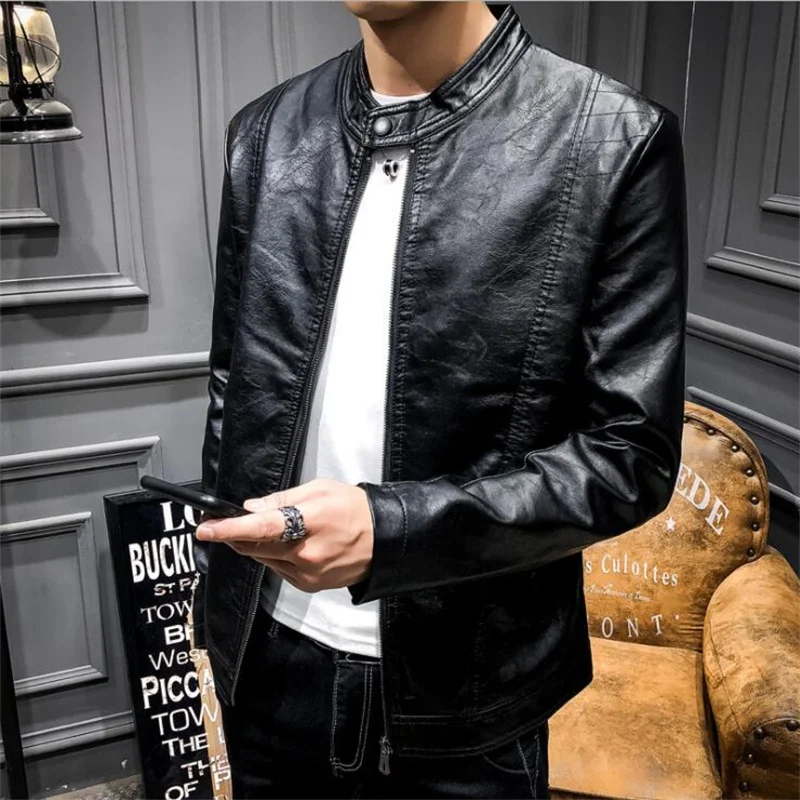 Stand collar mens leather jacket slim motorcycle coat men jackets velvet PU clothes jaqueta de couro stage street fashion