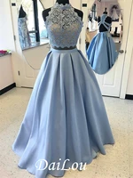 two pieces prom dresses long a line high collar appliques lace top evening gown women formal prom party dress