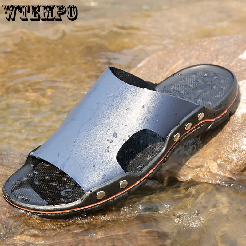 

WTEMPO Genuine Leather Slippers Men's Large Size One Line Hollow Shoes Men's Soft Sole Casual Beach Shoes Men's Tide Shoes