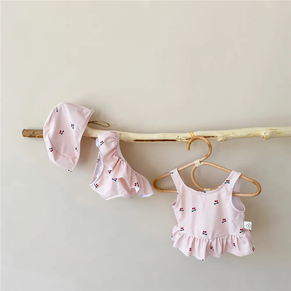 Newborn Baby Girl Split Swimsuit Cherry Print Summer Baby Bathing Suit With Hat Girls Swimwear Sleeveless Toddler Beach Clothes