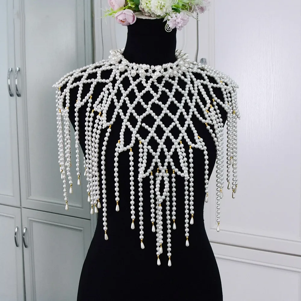 

Luxury handmade tassel pearl shoulder chain beaded dress accessories shawl floral design big necklace body chain for women jewel
