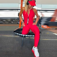 oshoplive summer fashion female sports letter zipper v neck hip curling red tight solid fitness jumpsuits for women 2022 new