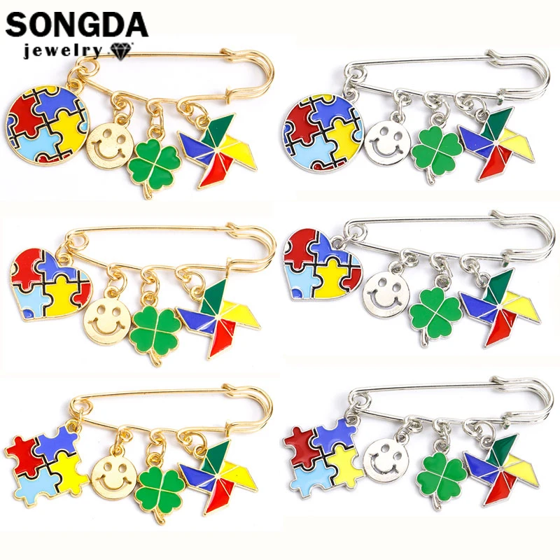 

Colorful Lucky Smiley Kite Lady Autism Puzzle Brooch Pin Lucky Women Backpack Bag Buckle Safety Pin For Friendship Jewelry Gifts