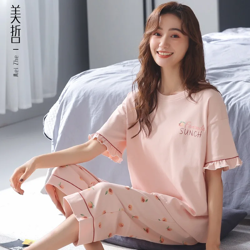 

2022 Spring Summer New Pure Cotton Pajamas Women's Home Clothes Round Neck Pullover Casual Comfortable Capri Pajama Suit