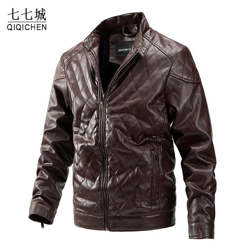 Casual Leather Jacket Men Winter Fleece Motorcycle PU Leahter Jacket Male Stand Collar Windbreaker Ropa De Hombre Slim Coat