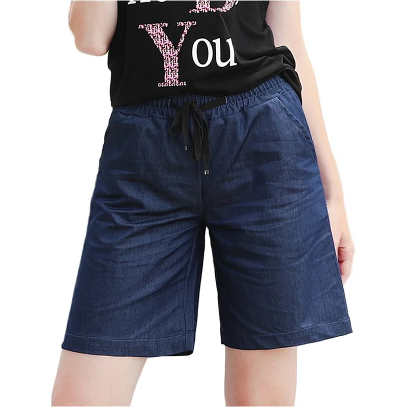 

Summer 6xl Loose Bermuda Shorts Female Wide-legged Pants Leisure Thin Denim Trousers Lace Up Elastic Waist With Belt Shorts