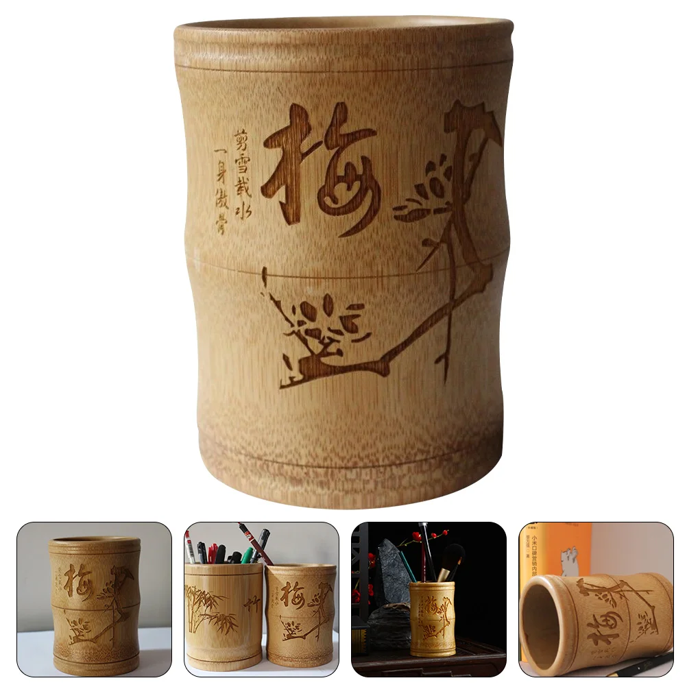 

Holder Pen Cup Brush Pot Storage Chinese Desk Organizer Wood Stand Makeup Bamboo Holders Container Accessories Kids Kawaii